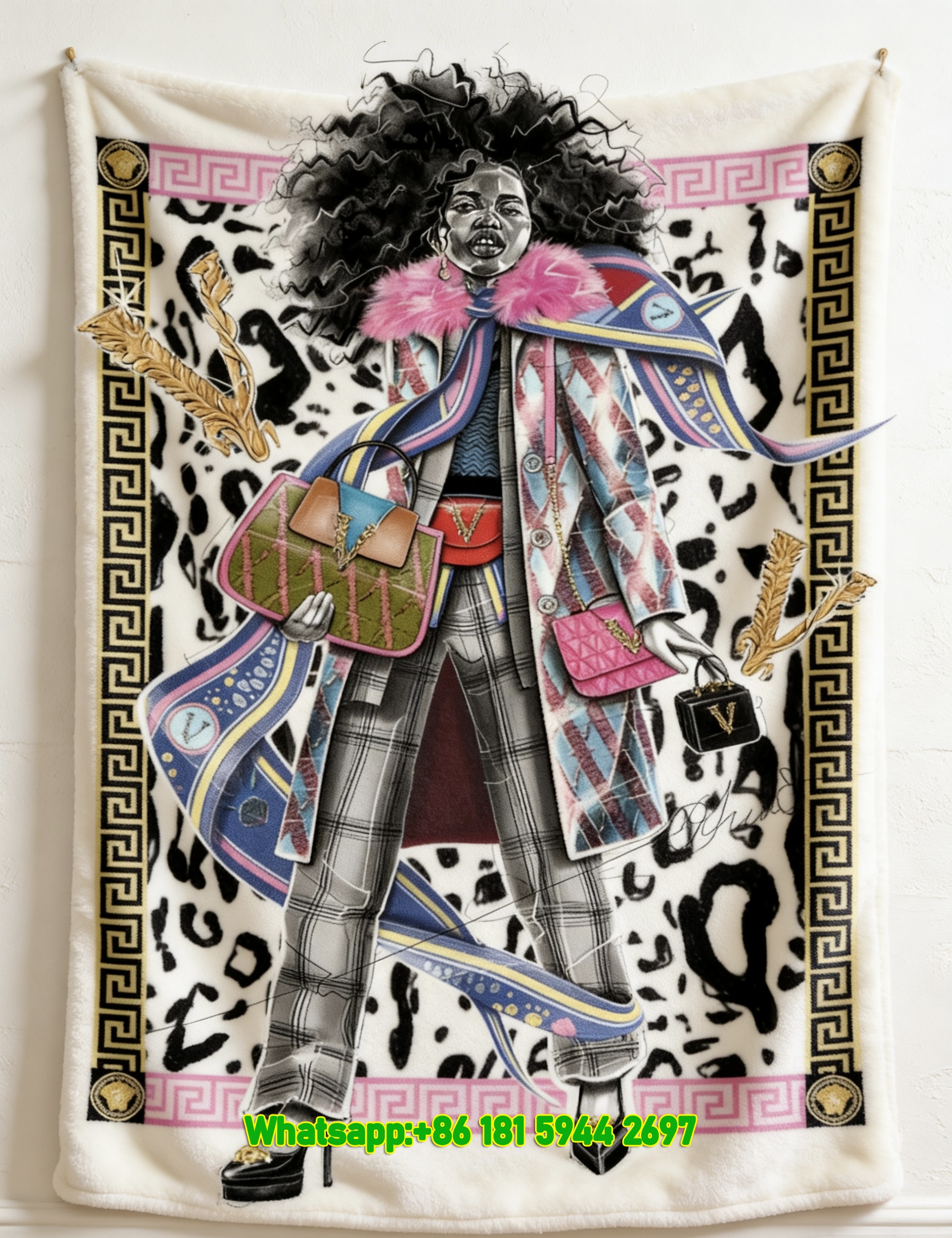 Versace Pink Gold Black Leopard Print Fashion Illustration Flannel Sofa Throw Blanket IMG_1747